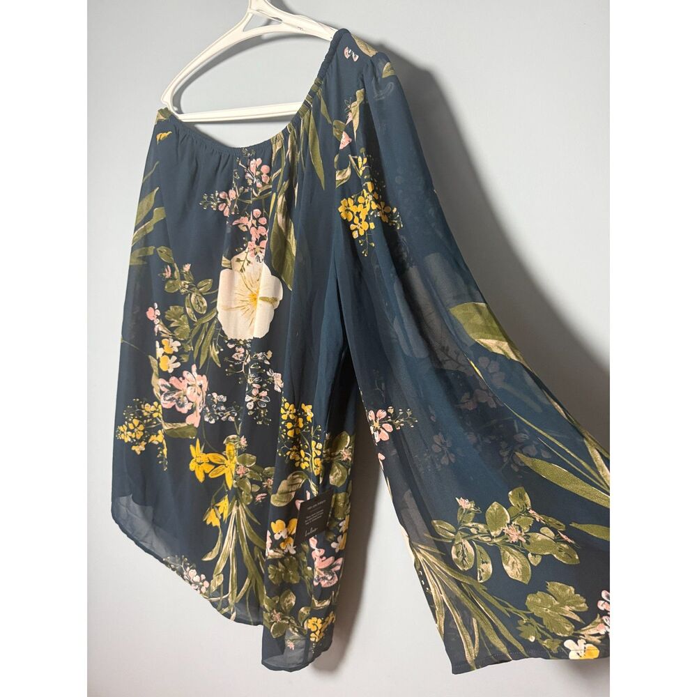 Lulus Floral Off-The-Shoulder Asymmetrical Chiffon Blouse Teal Navy Size XL